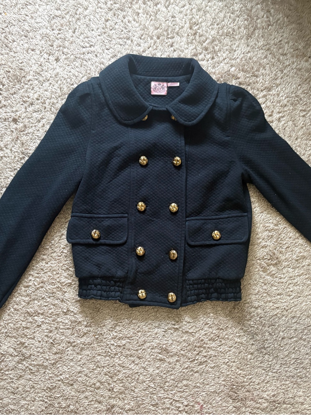 VTG Juicy Couture Black Quilted Double-Breasted Pea Coat with Gold Buttons
